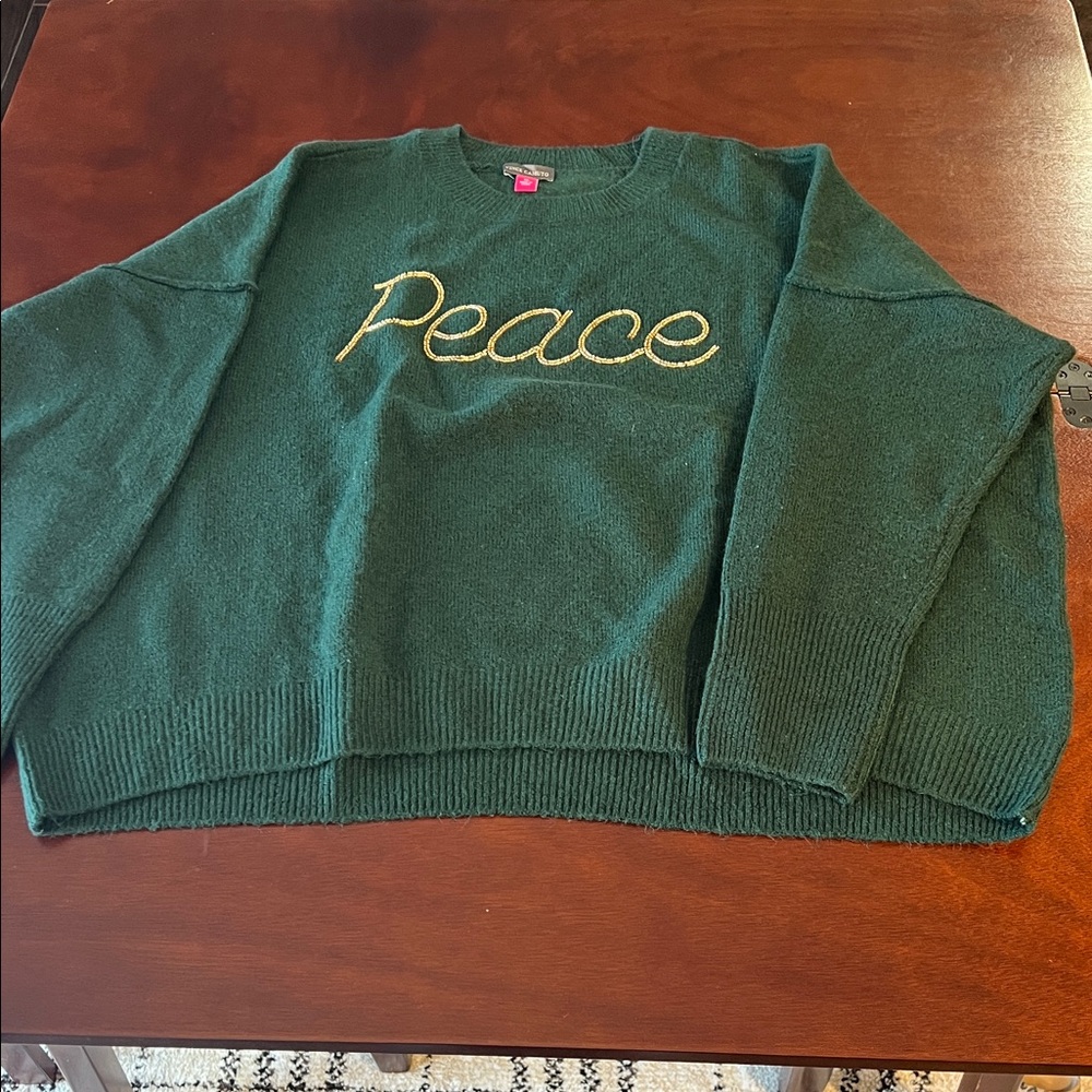 Vince Camuto Green super soft Sweater with Gold Peace Script